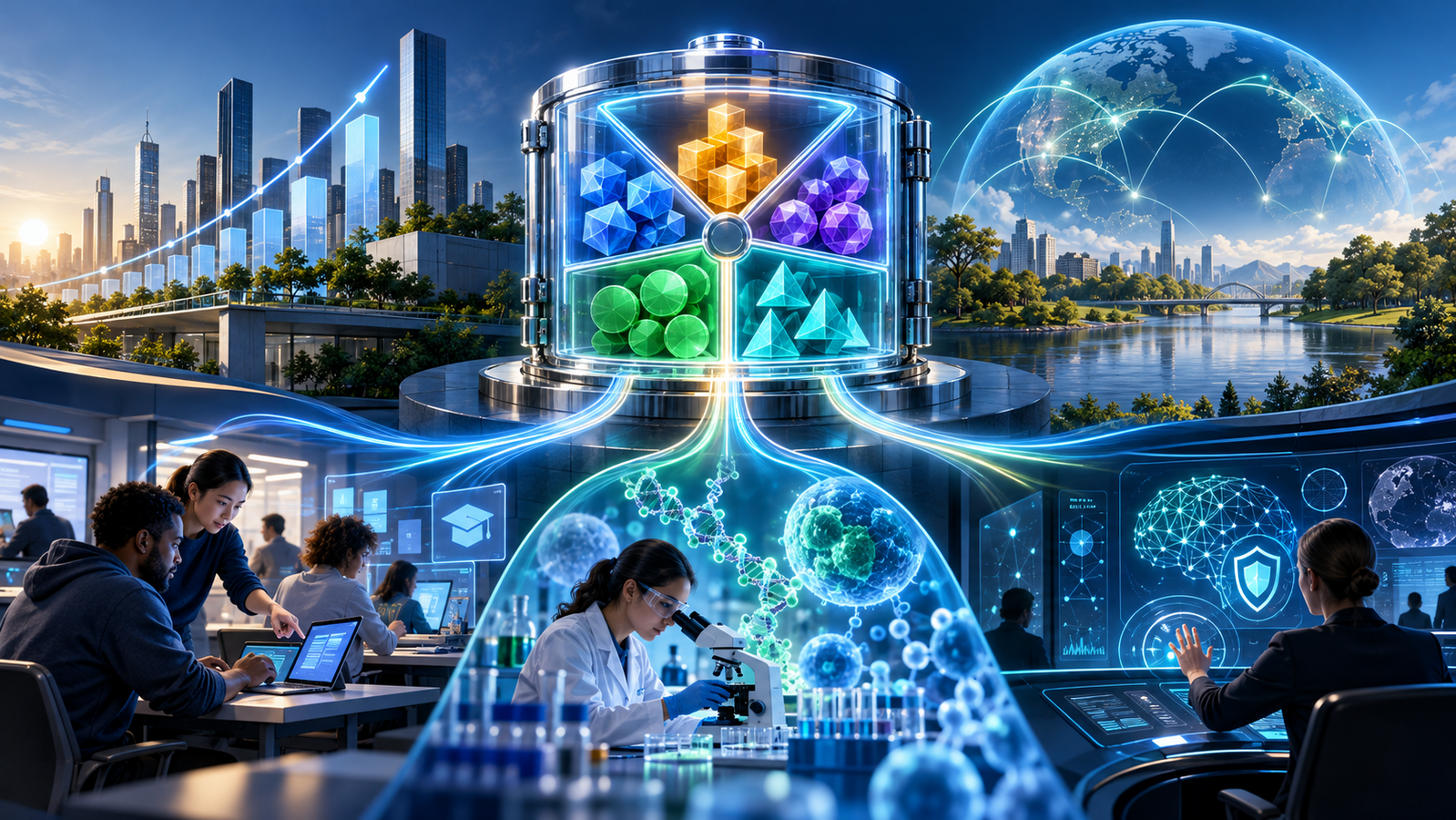 Original TBN Grow illustration of an equity fund supporting workforce transition, biomedical research and AI safety. It is not an official Anthropic image or diagram.