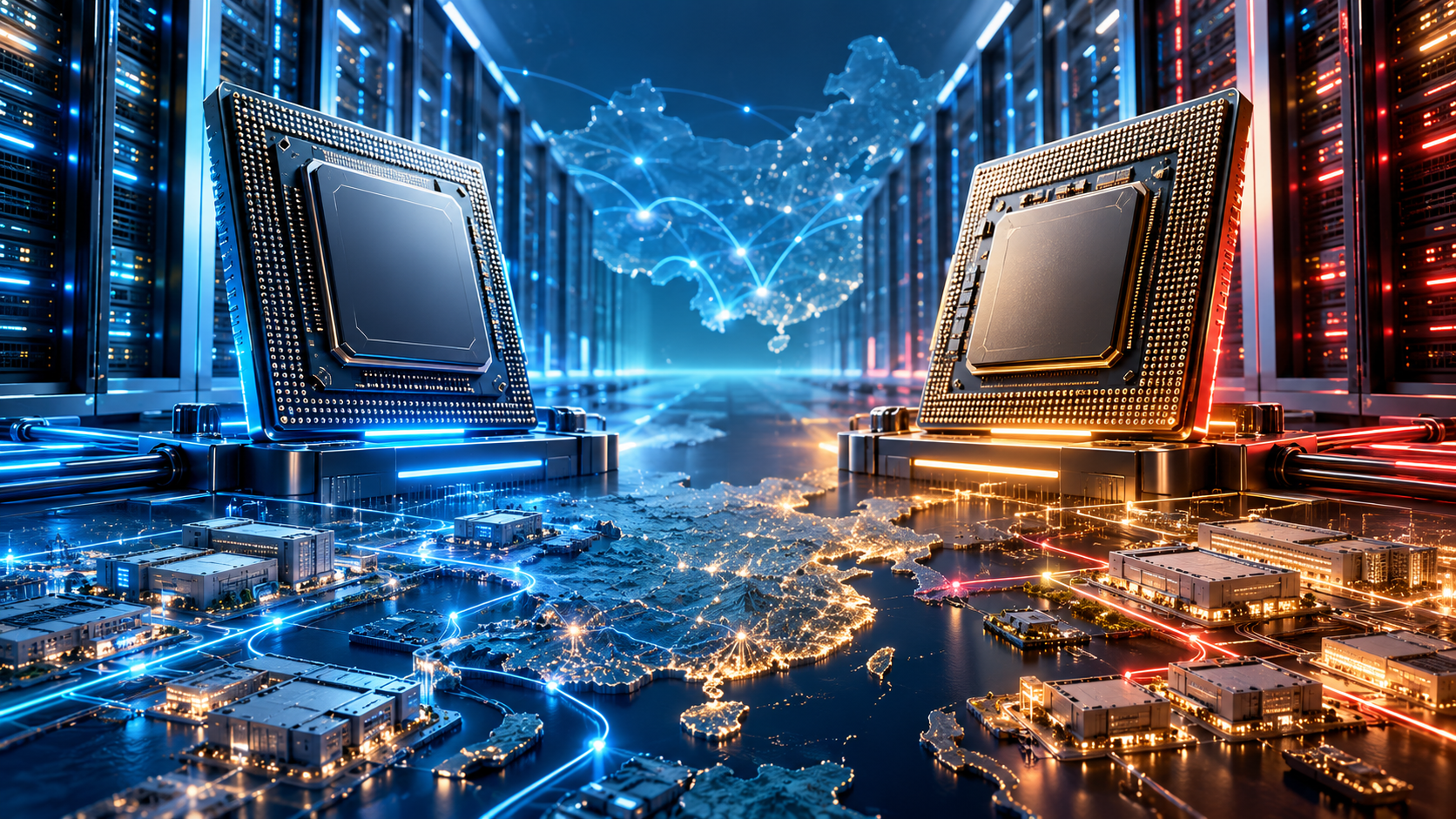 Originalillustration von TBN Grow zu zwei konkurrierenden KI-Beschleuniger-Ökosystemen. Kein Foto von Nvidia- oder Huawei-Produkten.
