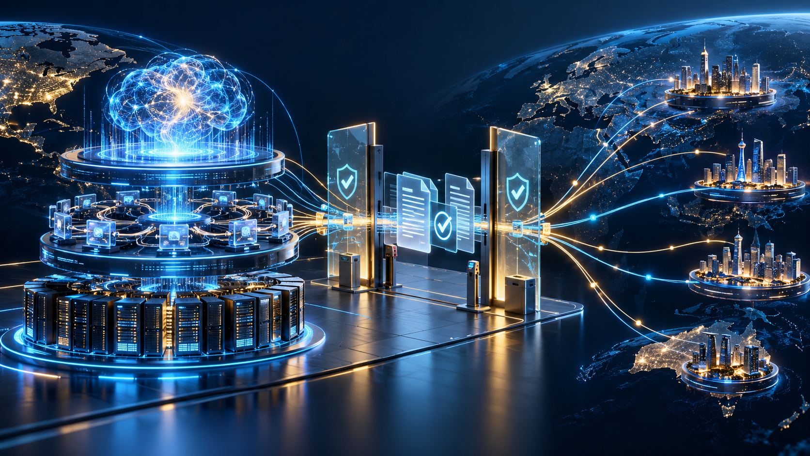 Originalillustration von TBN Grow: KI-Modell, Agentennetz und Rechencluster an einer Kontrollstelle für Technologietransfers. Kein offizielles Foto.